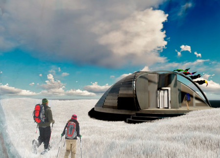 Curvilinear Cabins Crafted from Laminated Wood and Polycarbonate for Sustainable Trekking Experience