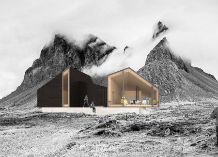 Elevated Shelters Crafted From Cross-Laminated Timber Panels With Charred Wooden Shingles in Iceland's Landscape  
