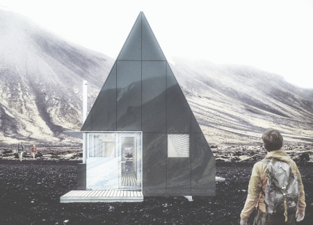 Hiking Retreat with Reflective Solar Panels and Sustainable Timber Construction in Iceland’s Landscape