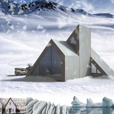 Sustainable shelter featuring cross-laminated timber panels and charred wooden shingles for extreme environments