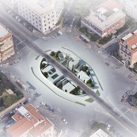 Cultural Center Featuring Transparent Concrete and Roman Brickwork Within a Modern Urban Fabric