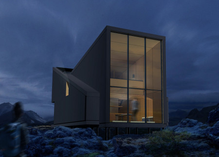 Asymmetrical Roof Defined By Charred Wooden Shingles and Expansive Glazing Panels in A Remote Retreat