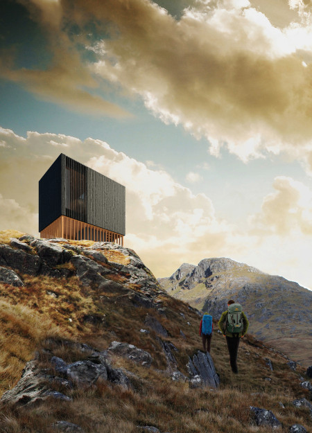 Trekking Cabin Featuring Charred Wooden Shingles and Cross-Laminated Timber Panels in the Icelandic Landscape