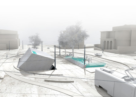 Subterranean Space with Angular Concrete Forms and Expansive Glass Panels for Community Engagement