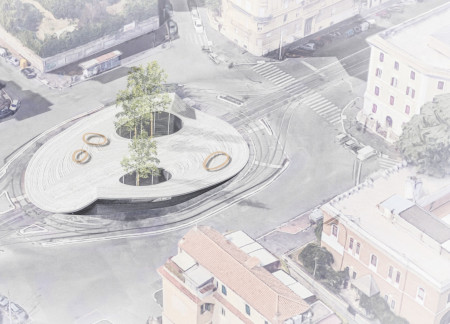 Swirling Concrete Slopes and Open Green Spaces in an Urban Hub  