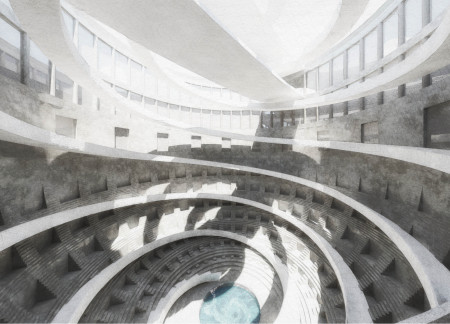 White Concrete Hall Featuring Spiral Design and Community-Centric Spaces