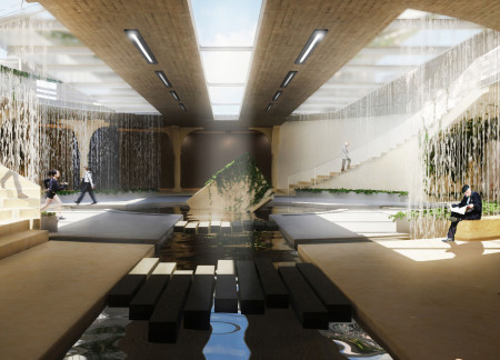 Limestone Waterfall Features and Natural Cooling Elements in a Community-Centric Urban Plaza