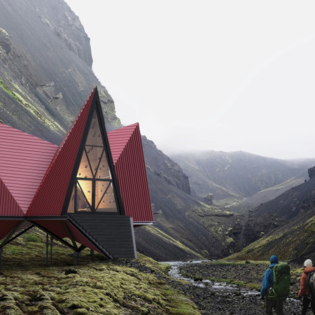 Triangular Hiker Shelters Built With Geosourced Thermal Panels and Natural Wood in Icelandic Highlands  