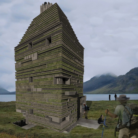Vertical Shelter Crafted From Laminated Wood and Sod Integration In Icelandic Wilderness