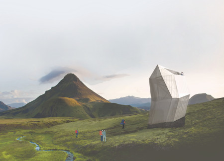 Faceted Design with Volcanic Rock and Polycarbonate Panels for a Sustainable Travellers' Hut