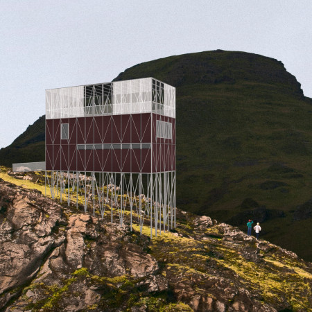 Elevated Steel Frame Cabin Embracing Aluminum Cladding in Iceland's Rugged Landscape