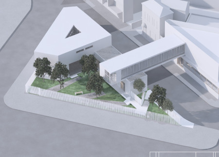 Community Space Featuring Elevated Art Gallery with Concrete and Glass Façade and Repurposed Structural Elements