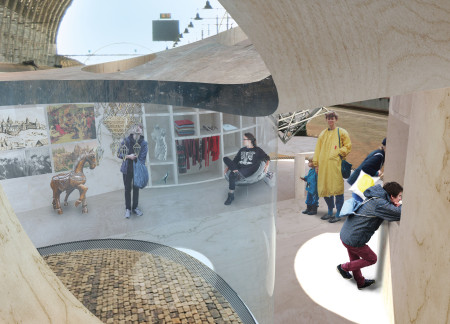 Railway station featuring aluminum panels and structural glass domes embracing local materials for community engagement