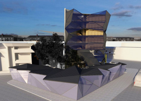 Tattoo Academy Featuring Triangular Glass Facades and Sustainable Material Integration  
