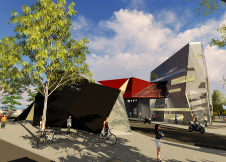 Sculptural Overpass with Aluminium Cladding and Flexible Workshop Spaces for Tattoo Education  