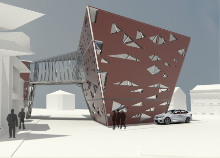 Community center featuring natural brown wood accents and climate-responsive design elements