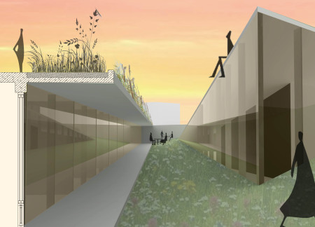 Sunken Concrete Structure With Glass Facades and Green Roof Dedicated To Tattoo Culture