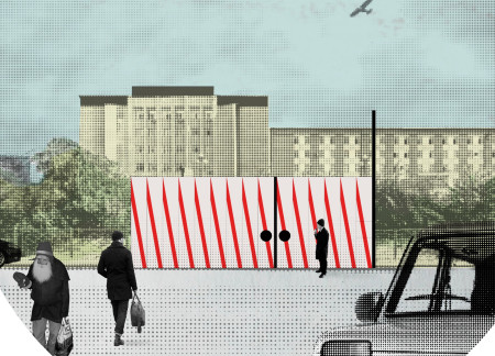 Commuter Pavilion Utilizing Sandwich Panels and Larch Wood for a Versatile Urban Experience