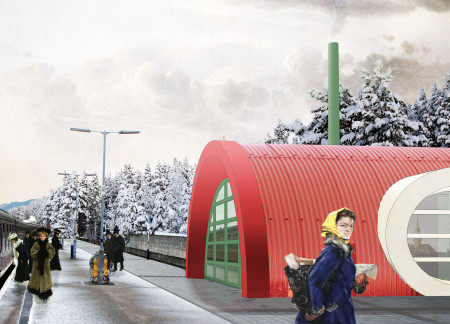Red Corrugated Metal Shelter With Natural Timber Interiors Serving As A Community Hub  