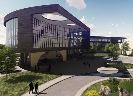 Curvilinear Form With Glass Apertures and Biophilic Timber-Focused Community Hub  