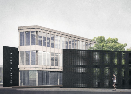 Perforated Metal Screening and Modular Concrete Form: An Artistic Hub for Tattoo Education  