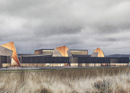 Charred Wood Facade and Green Roofs Create a Harmonious Convention Space In Urban Context