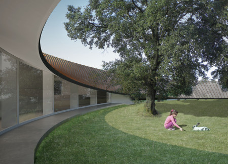 Curvilinear Retreat Enveloped in Charred Wood and Natural Clay in a Serene Woodland Setting