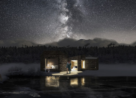 Hexagonal Retreat Integrating Birch Panels and Photovoltaic Elements in a Sustainable Wellness Village