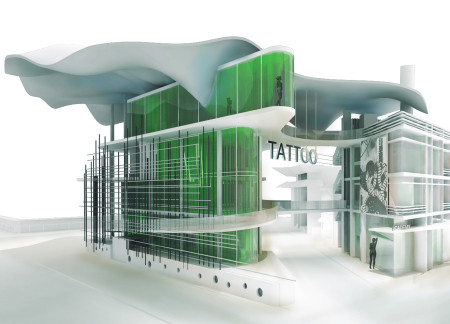 Tensile Fabric Facade Complements Sustainable Glass and Concrete Art Hub  