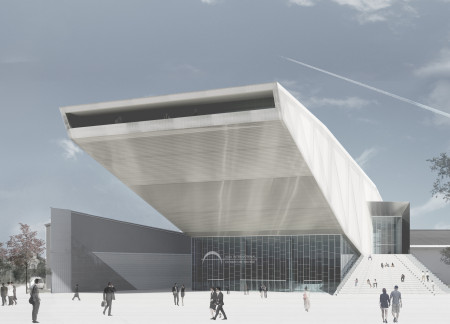 Staggered Glass Facades Enhanced by Timber Accents in a Dynamic Cultural Auditorium