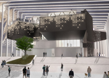 Pavements of Charred Timber and Dynamic Arches Defining Community Gatherings