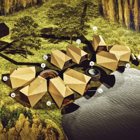Wellness retreat featuring cross-laminated timber and charred wood shingles in a natural landscape