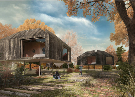 Funnel Roof Cabins Crafted from Natural Wood with Integrated Rainwater Harvesting Systems