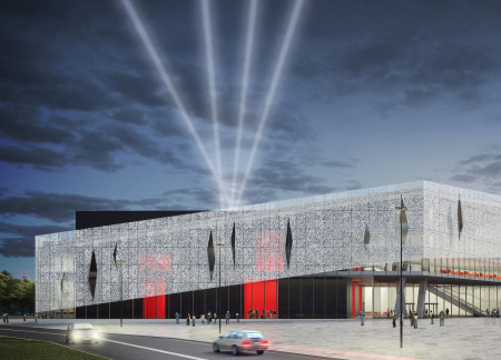 Charred Wood Shingles and Glass Façade Define A Multi-Functional Auditorium Near The Danube