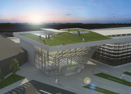 Lattice Steel Structure Enveloping a Green Roof Exhibition Center with Abundant Natural Light  