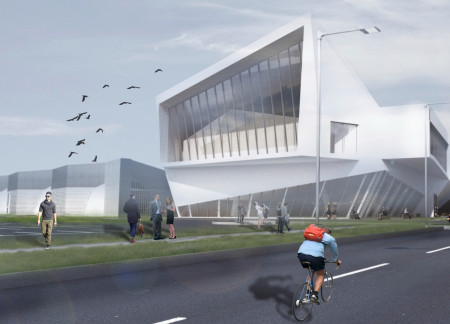 Timber Volumes Topped with Solar Canopies Create a Community Auditorium Embracing Natural Light