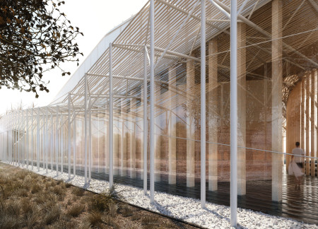 Wellness retreat featuring cross-laminated timber and locally sourced blue clay in an eco-sensitive design