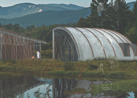 Curved Concrete Canopy Embracing Recycled Wood in a Serene Wellness Retreat