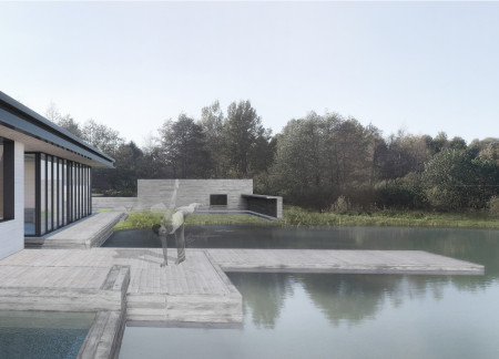 Wellness retreat showcasing cross-laminated timber and charred wooden shingles amid a lush landscape