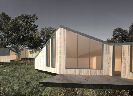 Cellular Forms Constructed from Charred Wood and Glass Embracing the Landscape for a Wellness Retreat