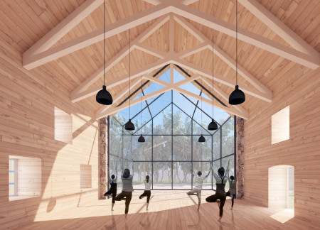 Charred Wooden Shingles and Natural Brown Accents in a Sustainable Retreat Integrating Community and Nature