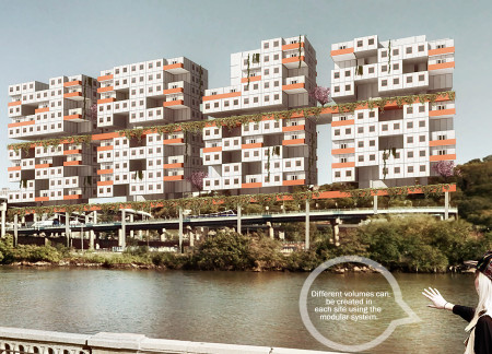 Elevated Residential Units with Vertical Gardens and Eco-Friendly Materials in Urban Space