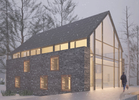 Restored Stone Structure Incorporating Wood and Glass for a Tranquil Retreat Experience  