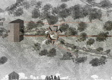 Meditation retreat showcasing hemp insulation and thatch roofing for a harmonious integration with nature