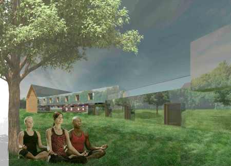 Reflective Glass And Natural Stone Create Serene Meditation Spaces With Community Focus