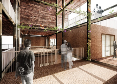 Residential development featuring bamboo construction and modular living spaces in an urban setting