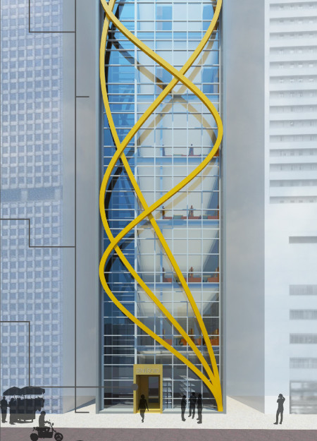 Residential building featuring a sinusoidal exoskeleton with integrated transparent solar cells and vertical wind turbines  