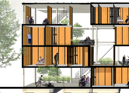 Charred Wooden Shingles and Cross-Laminated Timber Panels Create Flexible Communal Spaces in Urban Living