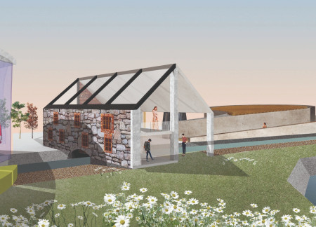 Canopied Serenity with Charred Shingles and Concrete Foundations for a Meditation Retreat
