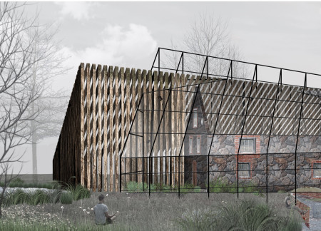 Charred Wooden Shingles and Community Fireplace Enhance Multifunctional Timber Structure